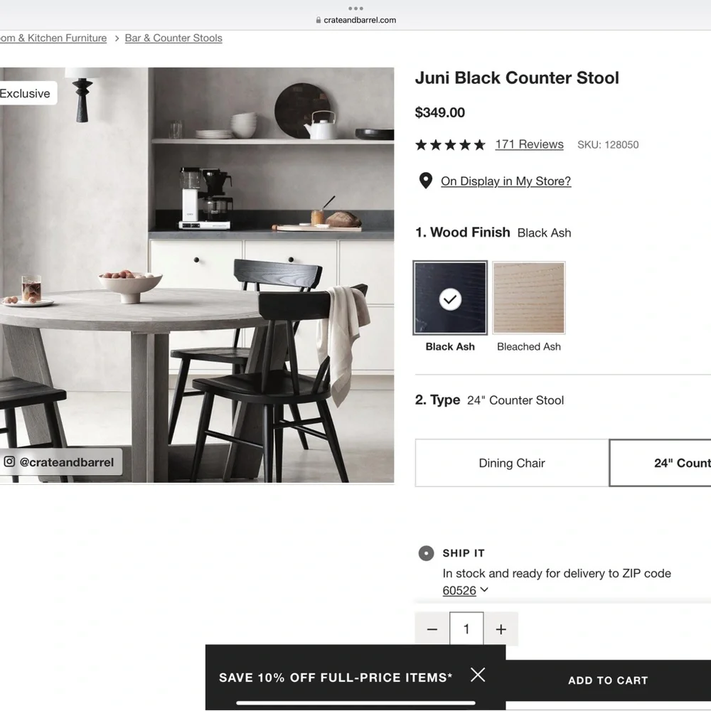 Crate & Barrel Juni Black Counter Height Bar Chairs